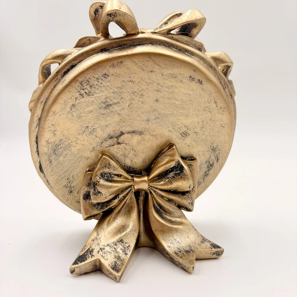 Vintage Style Gold Bow Ribbon Round Tabletop Vanity Mirror Ornate Distressed